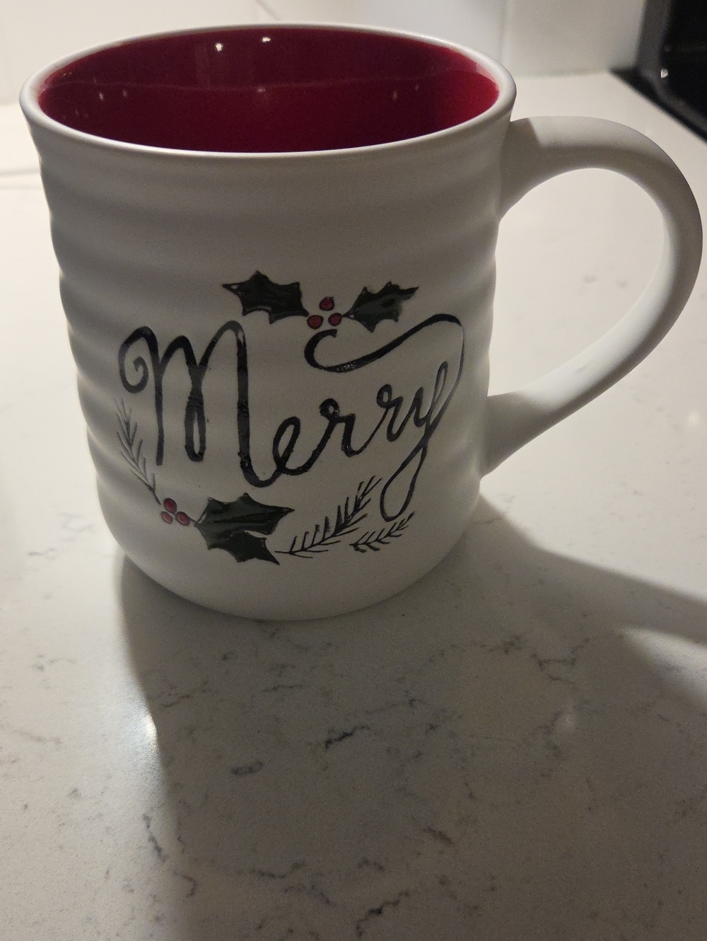 Merry Holiday Ceramic Mug - White Exterior with Red Interior